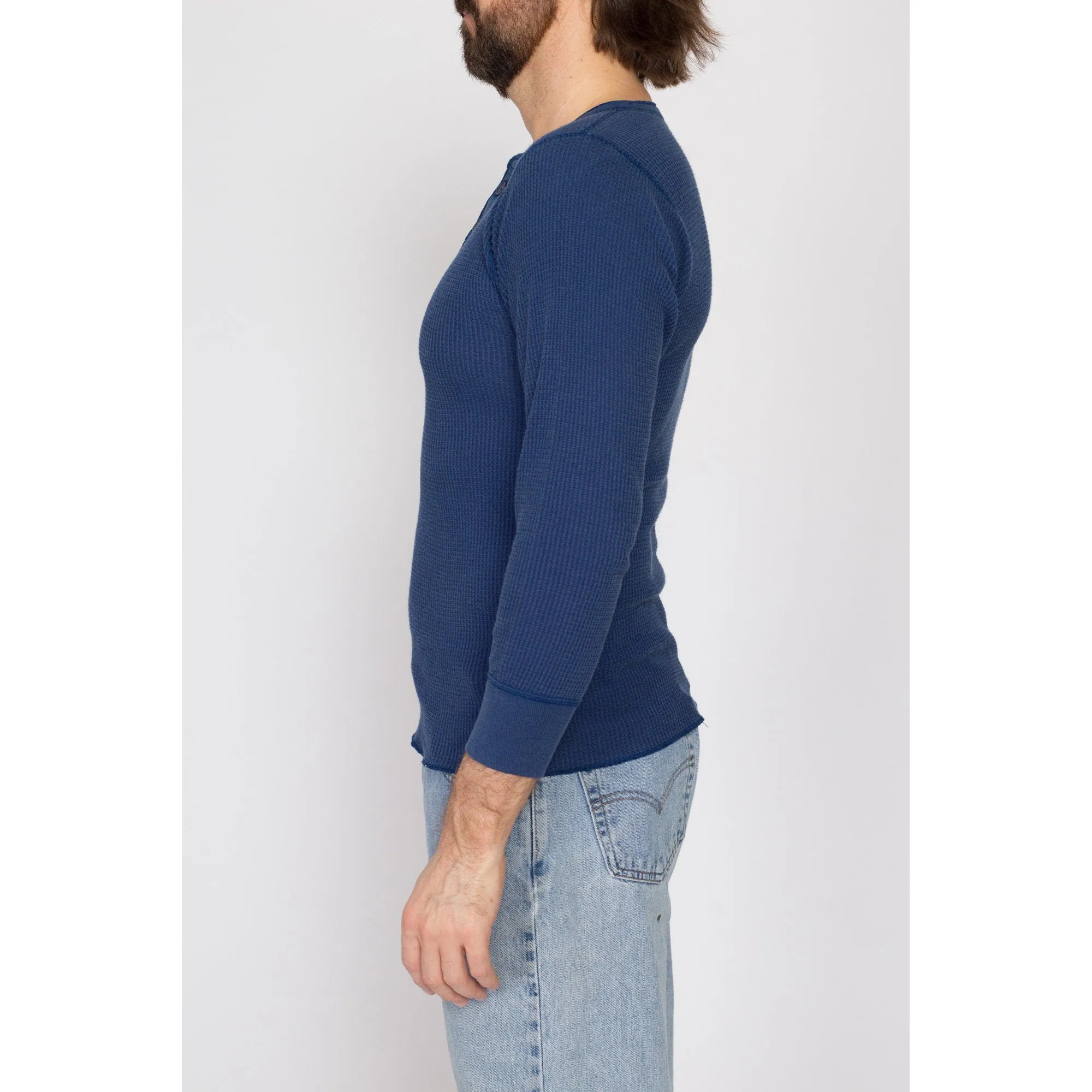 Medium 80s Navy Blue Waffle Knit Henley Shirt
