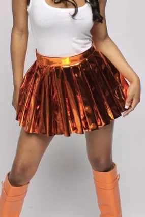 Metallic Orange Pleated Mini Skirt