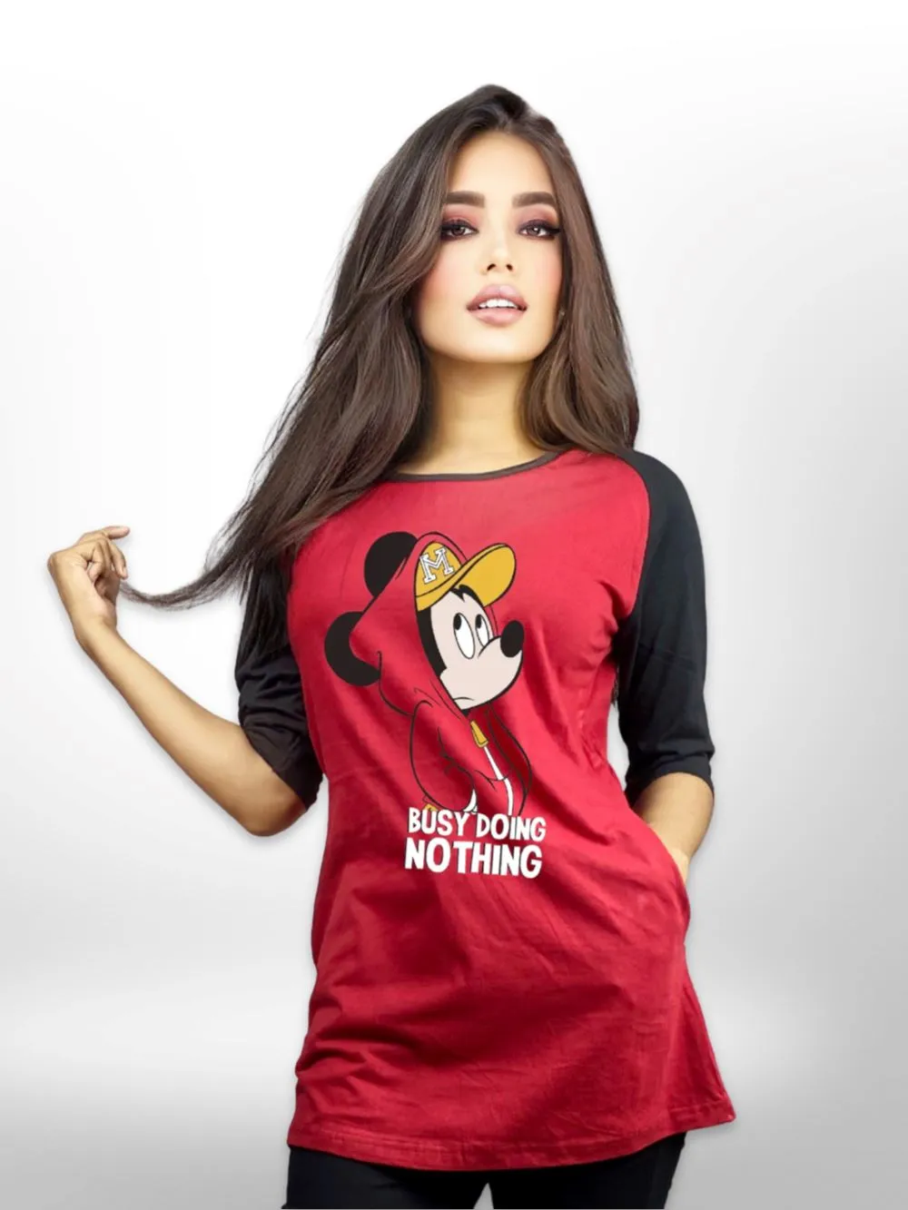 Mickey Thinking Long T-shirt  Raglan Sleeve Side Pocket For Women's