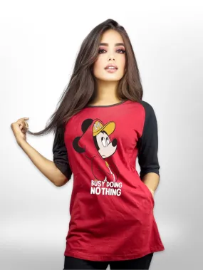 Mickey Thinking Long T-shirt  Raglan Sleeve Side Pocket For Women's