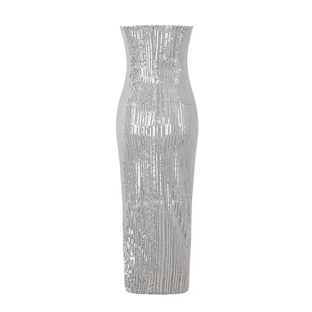 Mirelisse – Asymmetric hemline – Deep V sparkle dress
