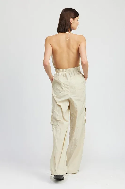 Modern Beige Cargo Style Jumpsuit