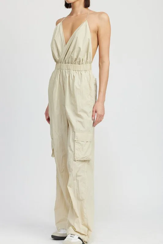 Modern Beige Cargo Style Jumpsuit
