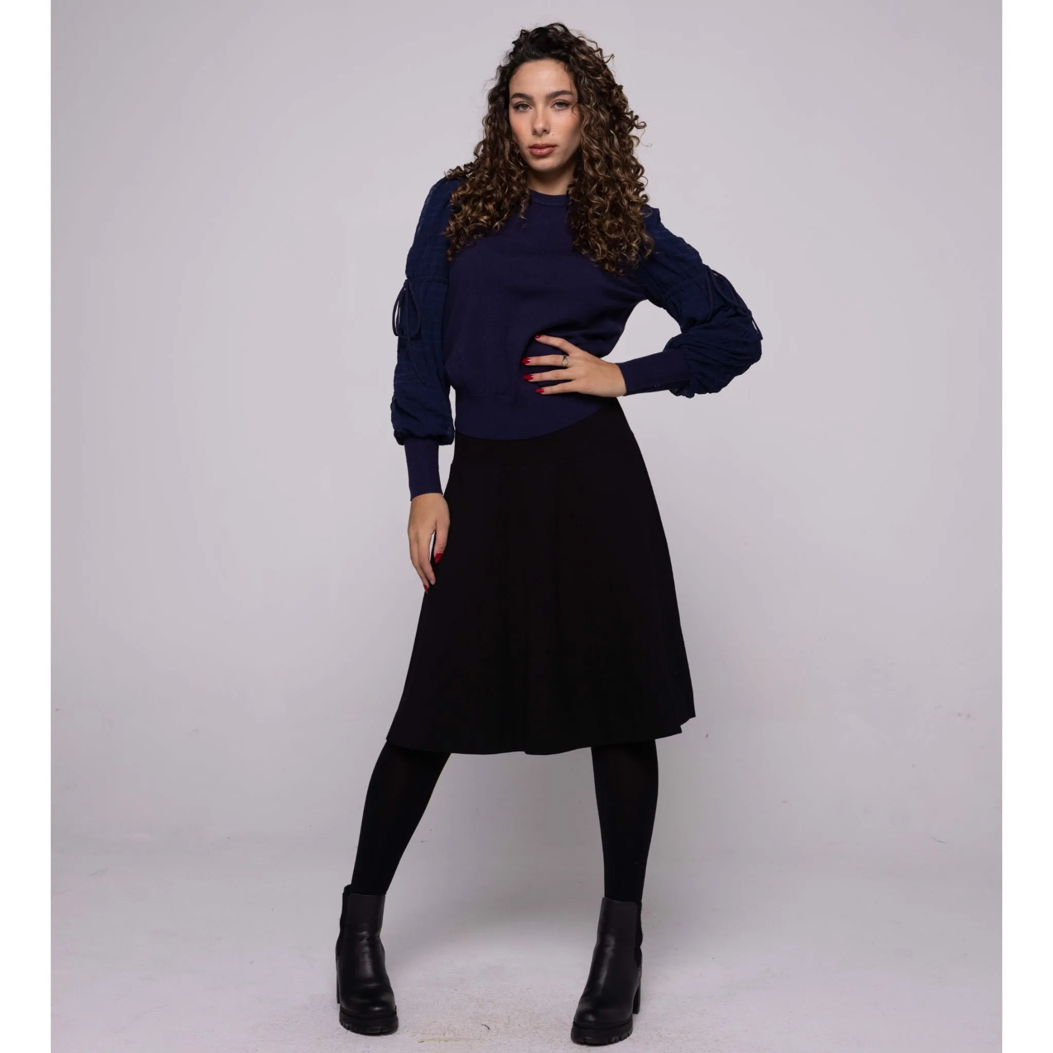 NAVY Rouched Drawstring Sleeve Sweater by Ivee