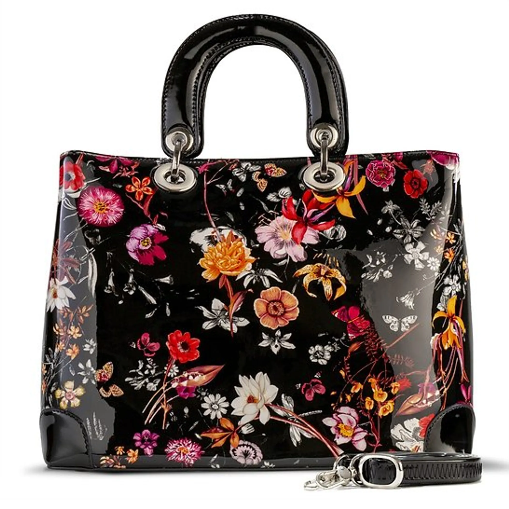 Night Blossom Flower Print Lightweight Black Leather Handbag