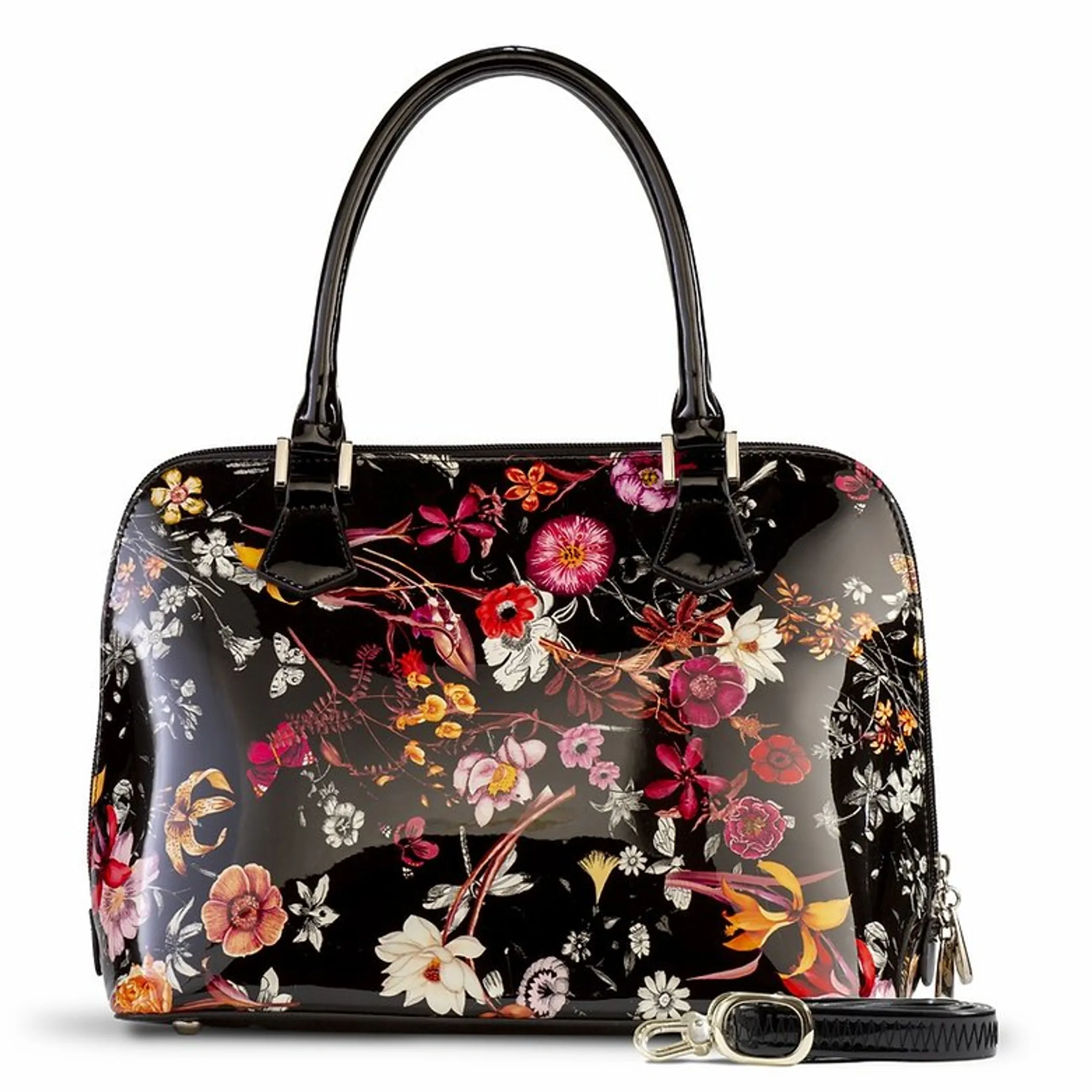 Night Blossom Flower Print Lightweight Black Leather Handbag