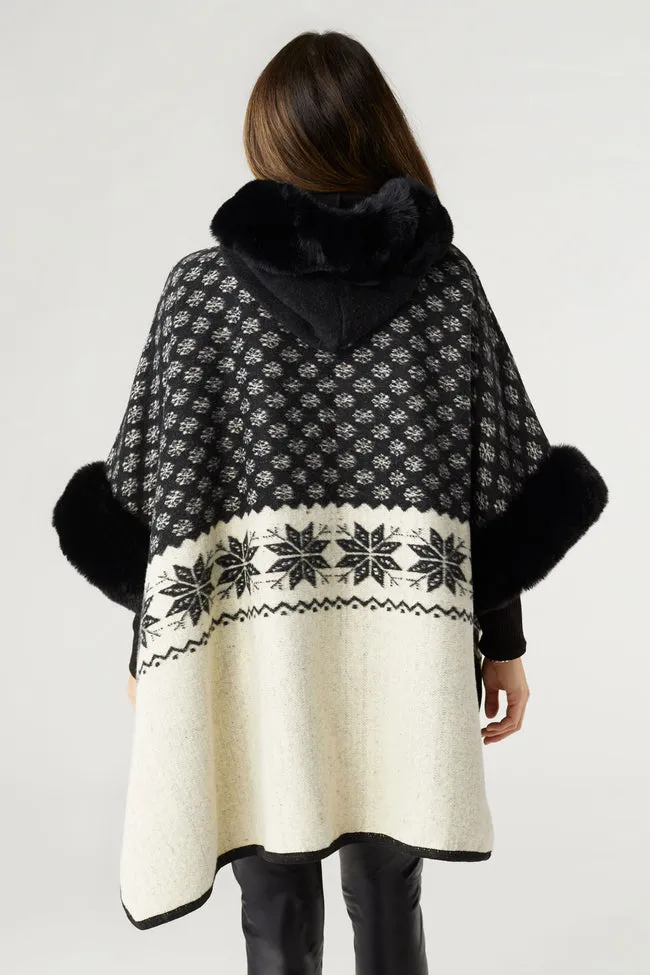 NORIC HOODED RUANA W/ FAUX FUR TRIM