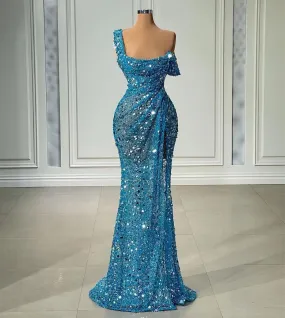 One Shoulder Sparkly Evening Dresses Long Mermaid Blue Sexy Formal Party Dresses      fg4286