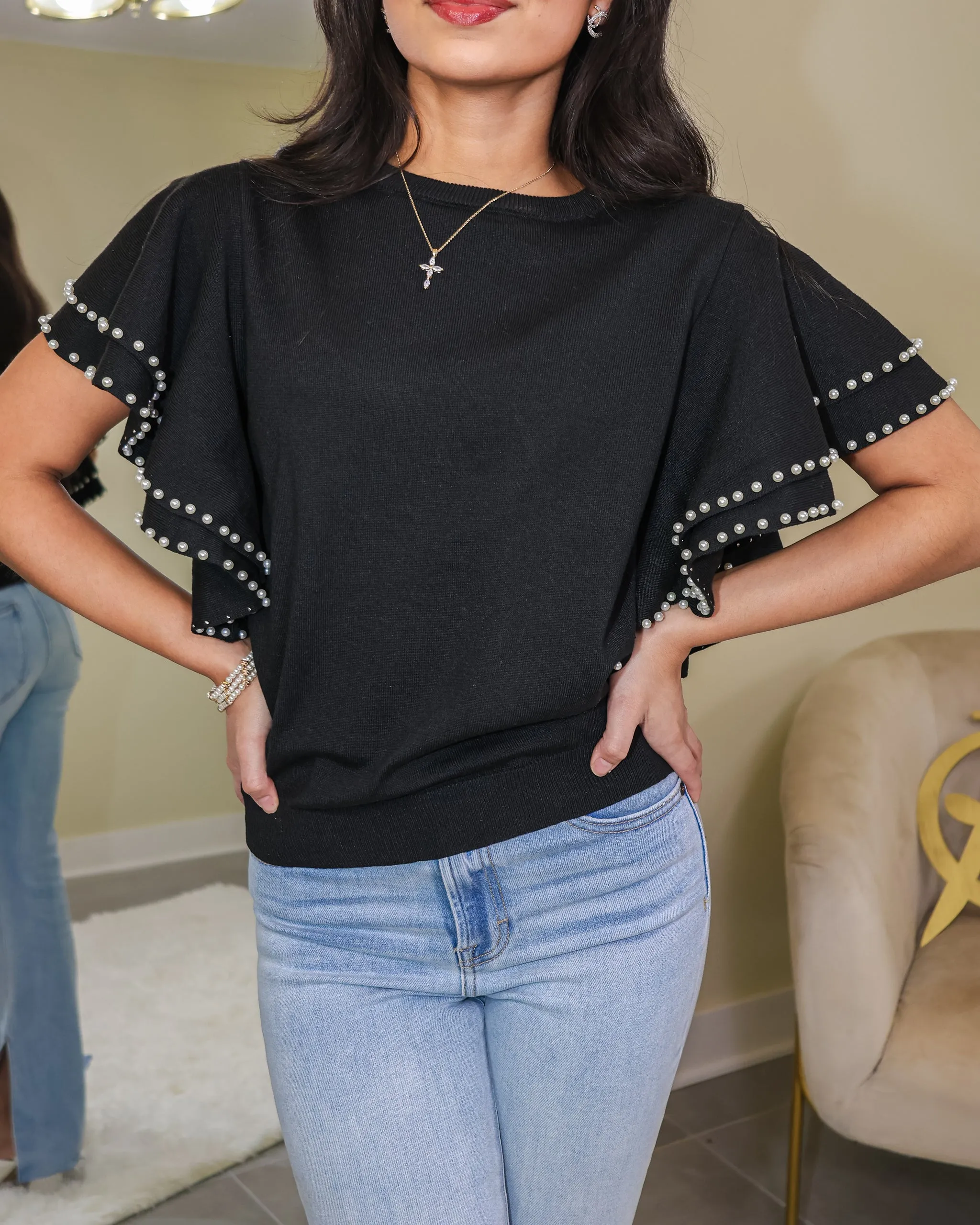 Pearl Kissed Ruffled Knit Sweater Top