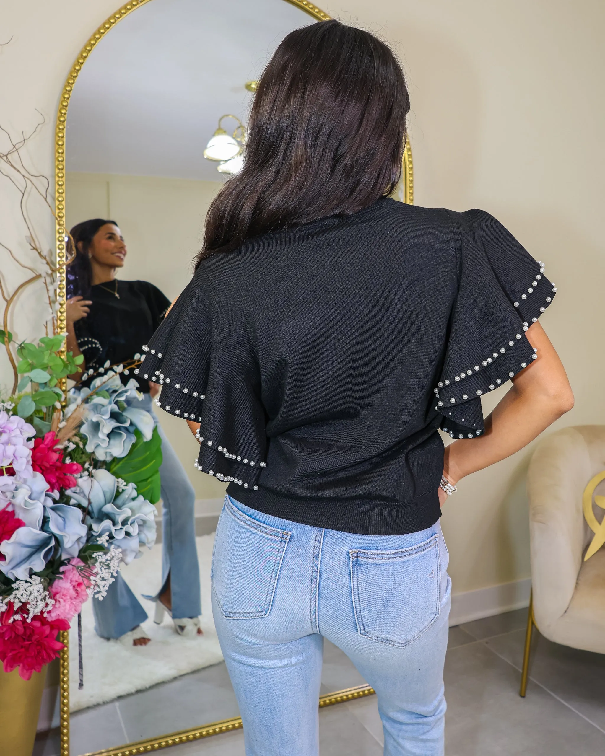 Pearl Kissed Ruffled Knit Sweater Top