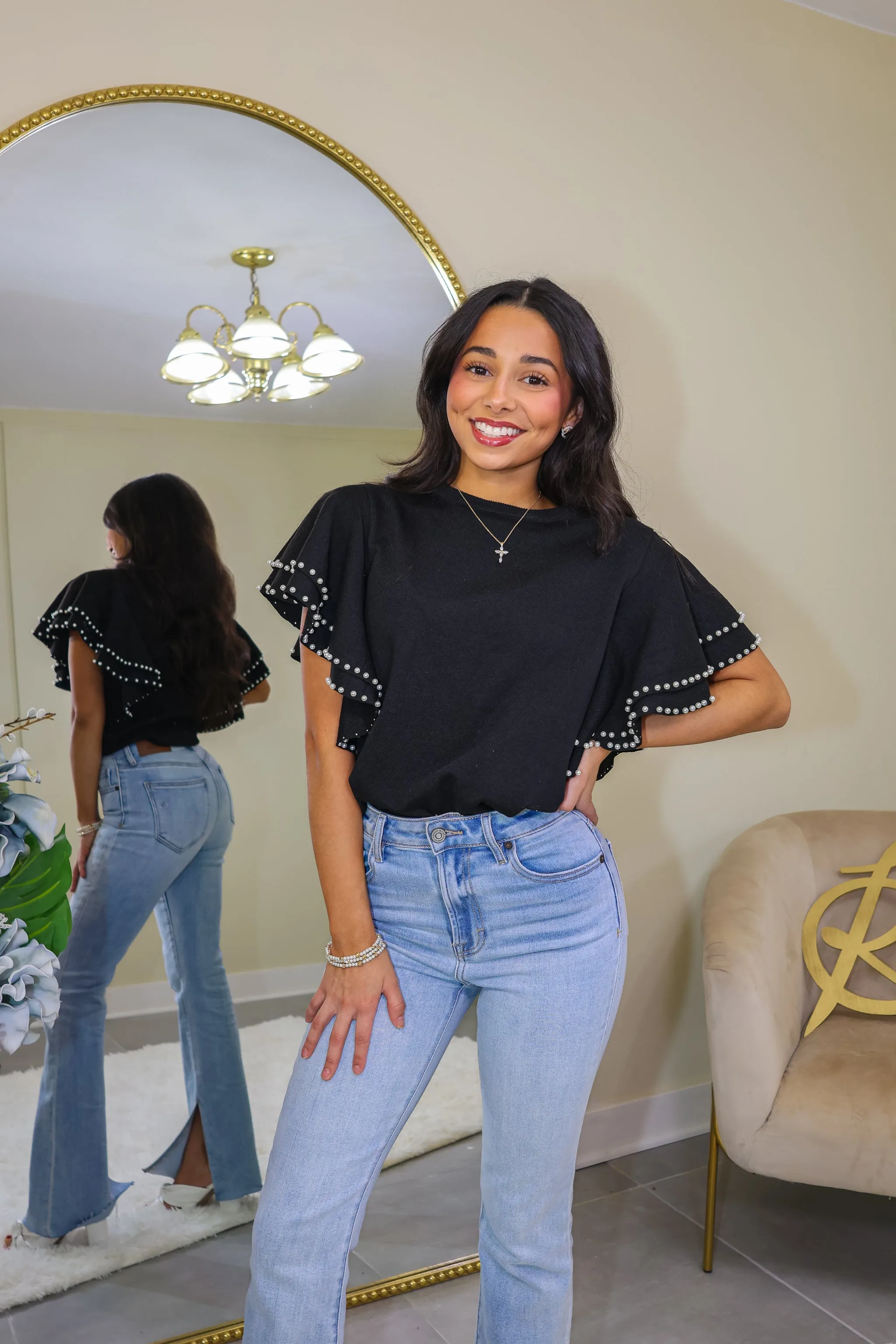 Pearl Kissed Ruffled Knit Sweater Top