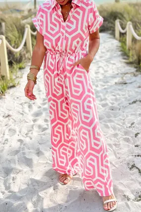 Pink Geometric Print Roll-up Sleeve Wide Leg Jumpsuit