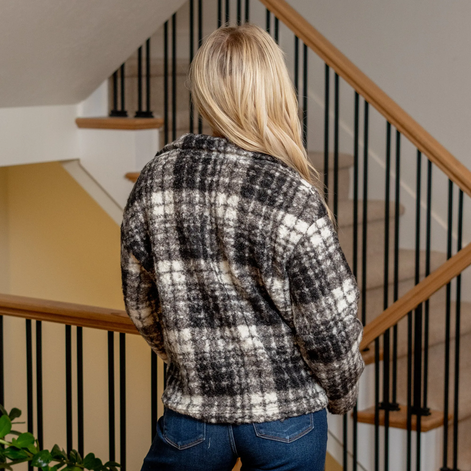 Plaid Collared Neck Boucle Jacket with Pockets