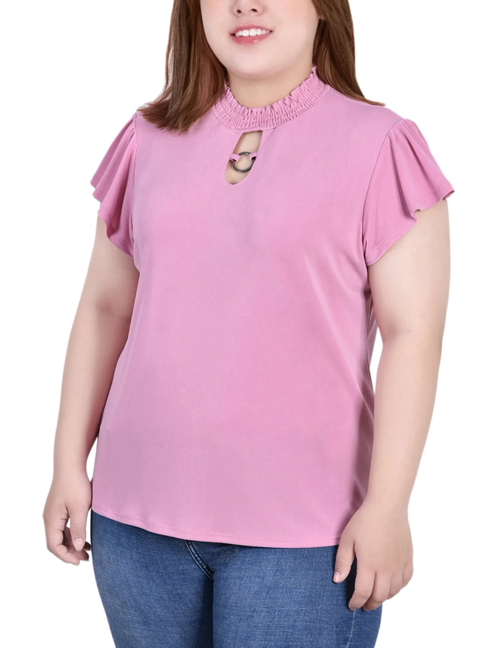 Plus Size Short Flutter Sleeve Mock Neck Top