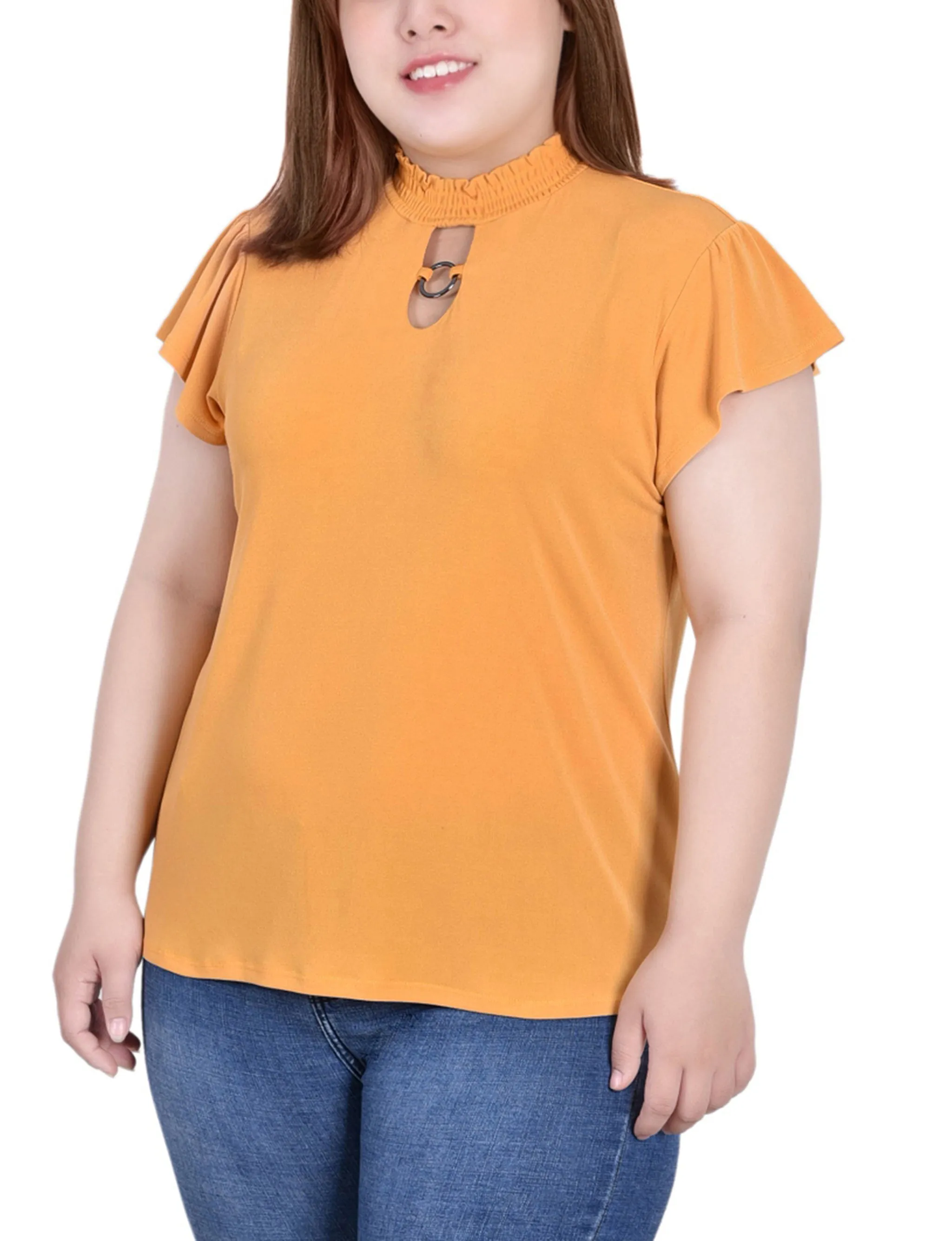 Plus Size Short Flutter Sleeve Mock Neck Top