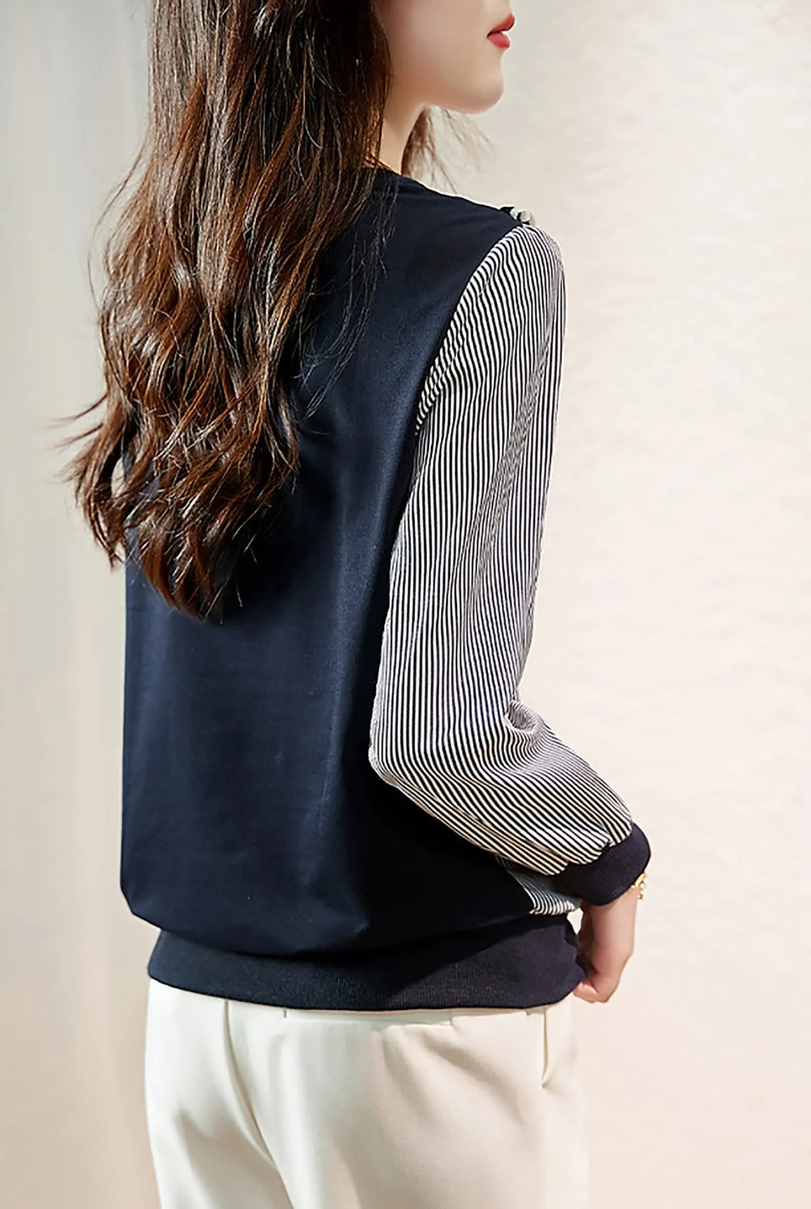 Pullover Patchwork Stripe Blouse Knit Tops