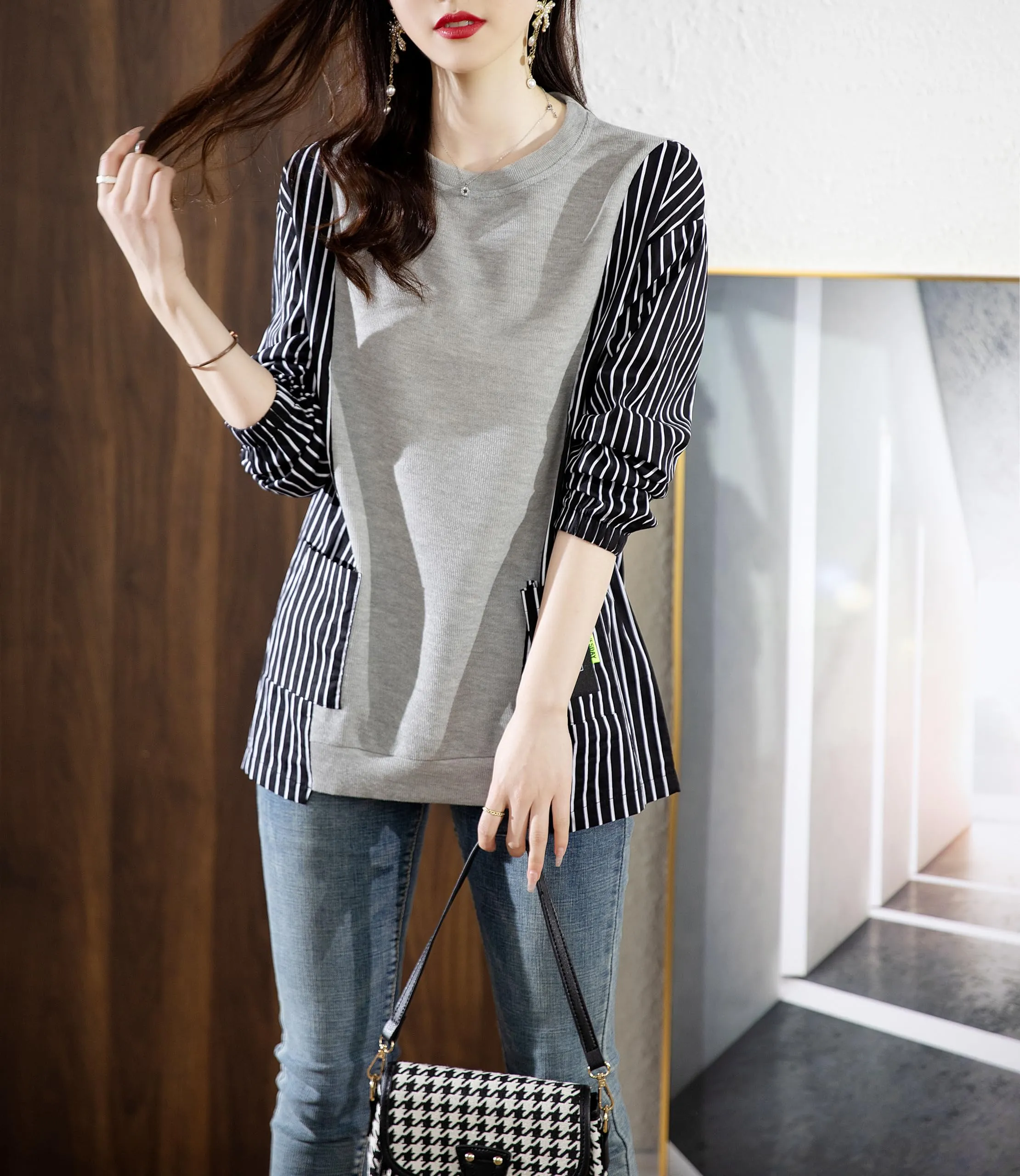 Pullover Patchwork Stripe Blouse Knit Tops