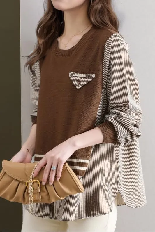 Pullover Patchwork Stripe Blouse Knit Tops