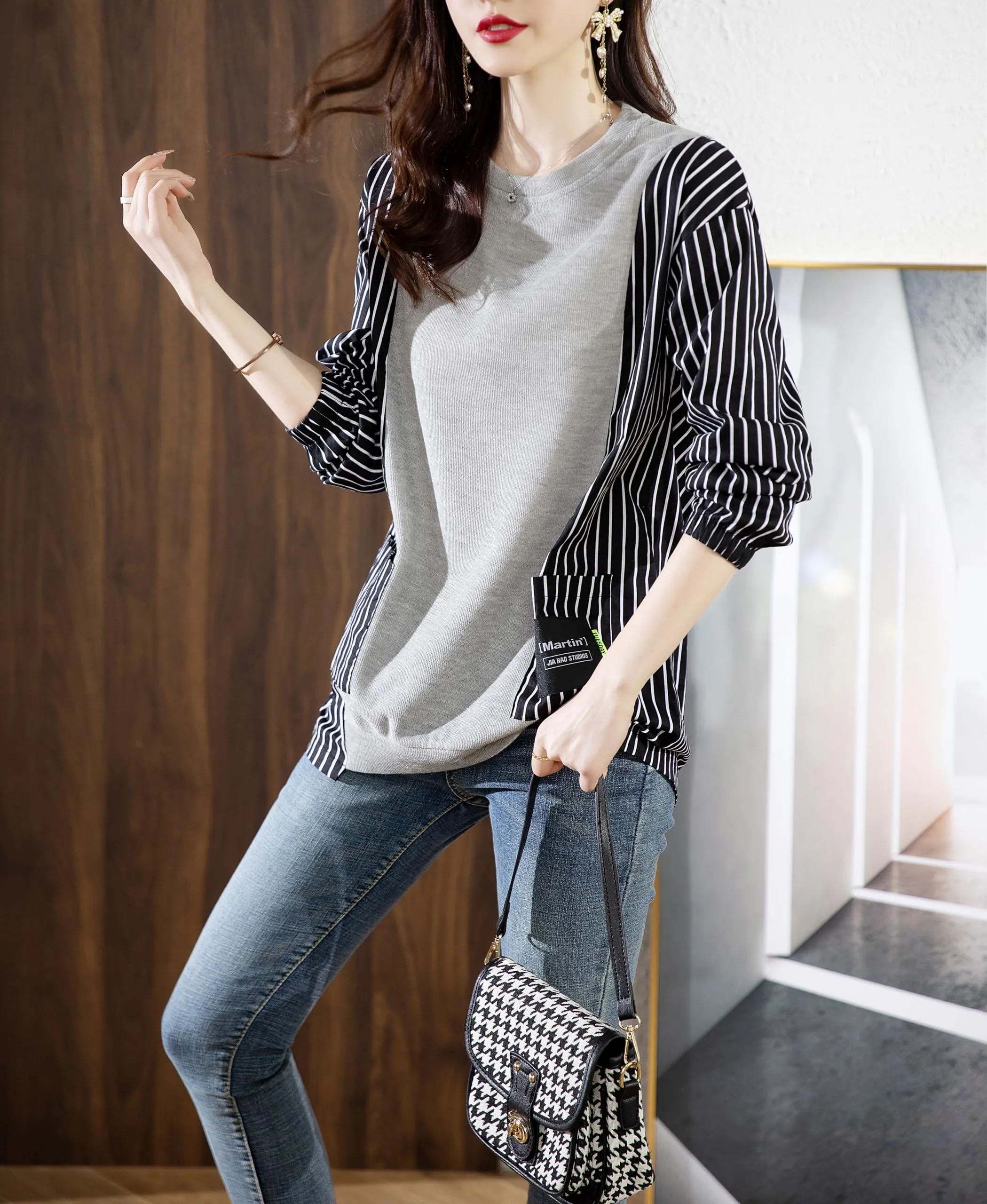 Pullover Patchwork Stripe Blouse Knit Tops
