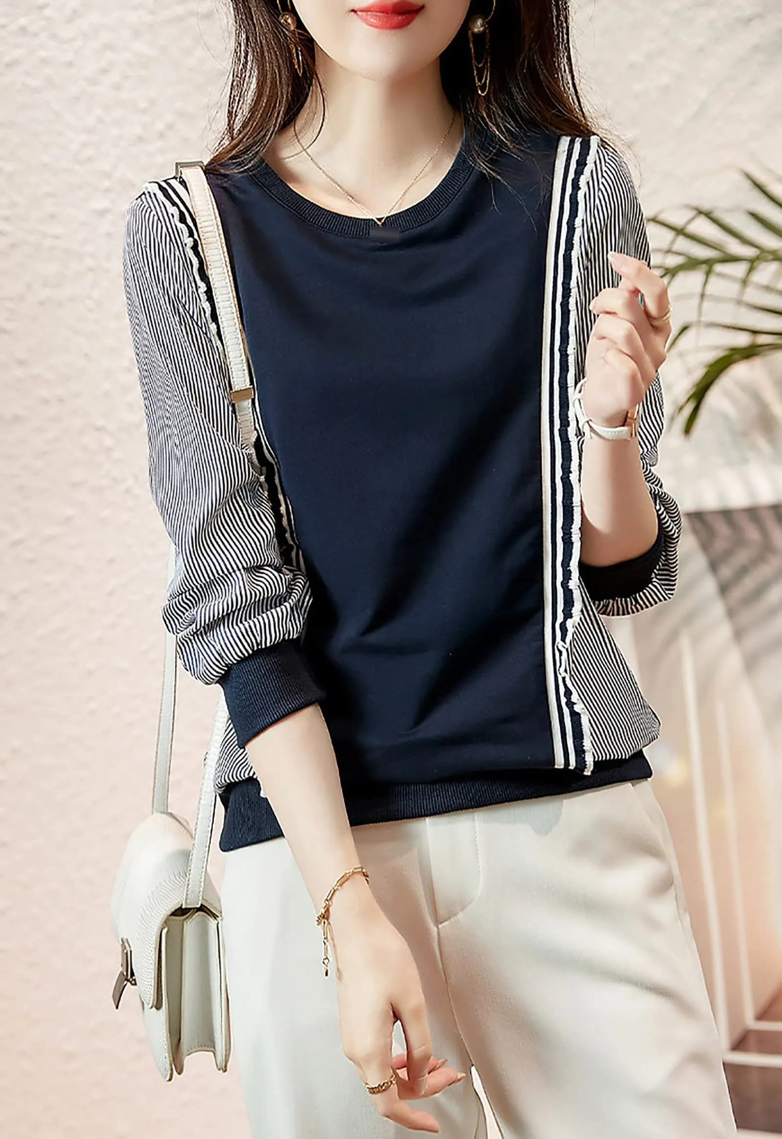 Pullover Patchwork Stripe Blouse Knit Tops