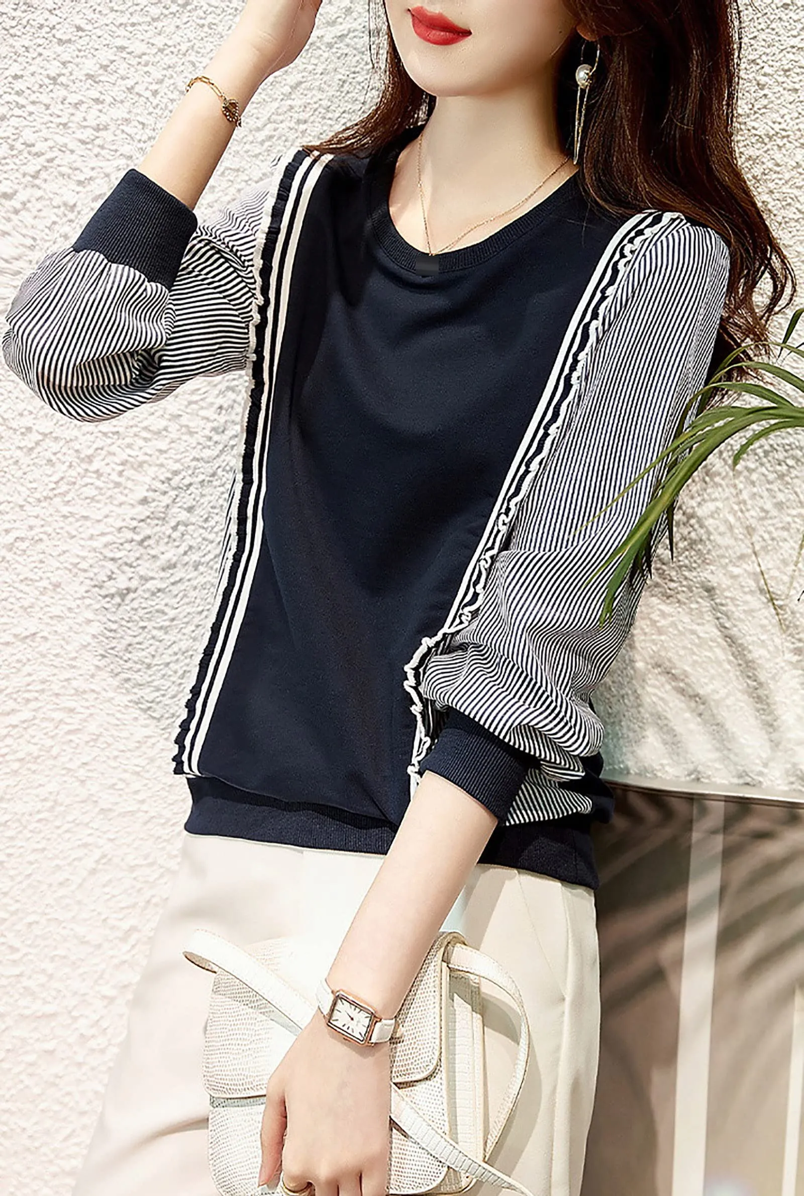 Pullover Patchwork Stripe Blouse Knit Tops