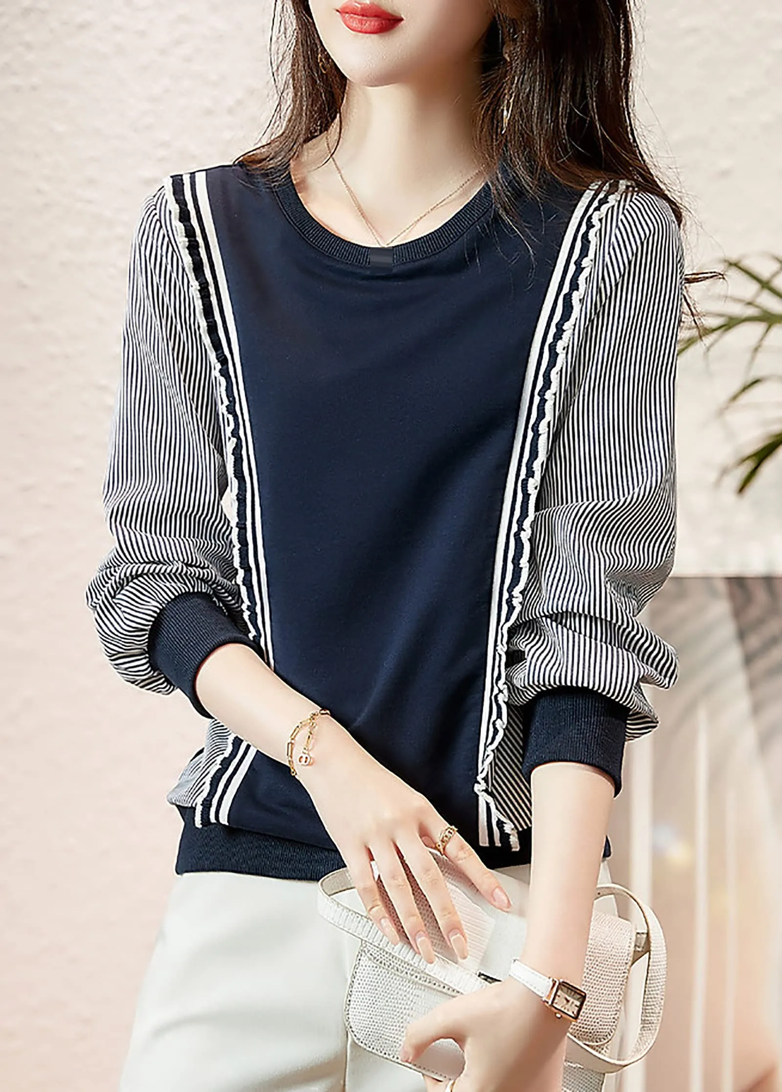 Pullover Patchwork Stripe Blouse Knit Tops