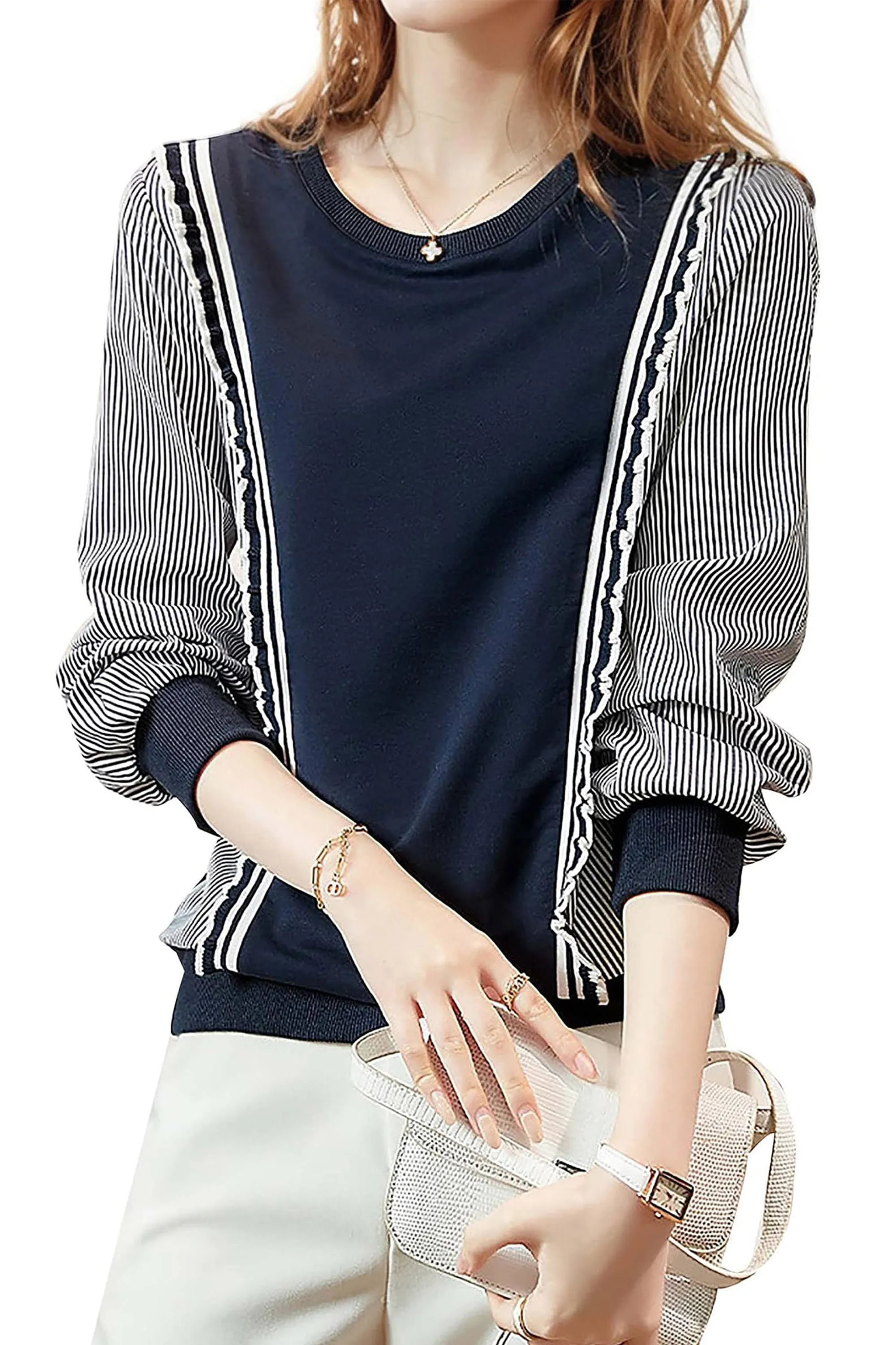 Pullover Patchwork Stripe Blouse Knit Tops