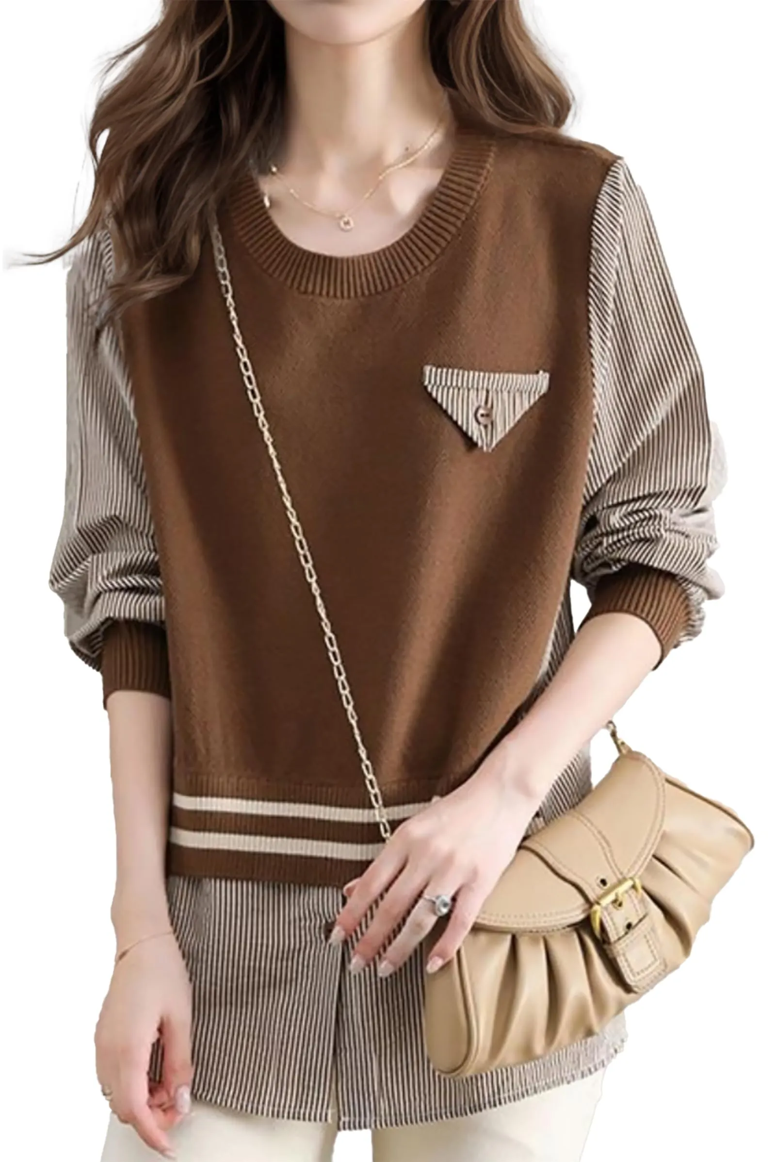 Pullover Patchwork Stripe Blouse Knit Tops