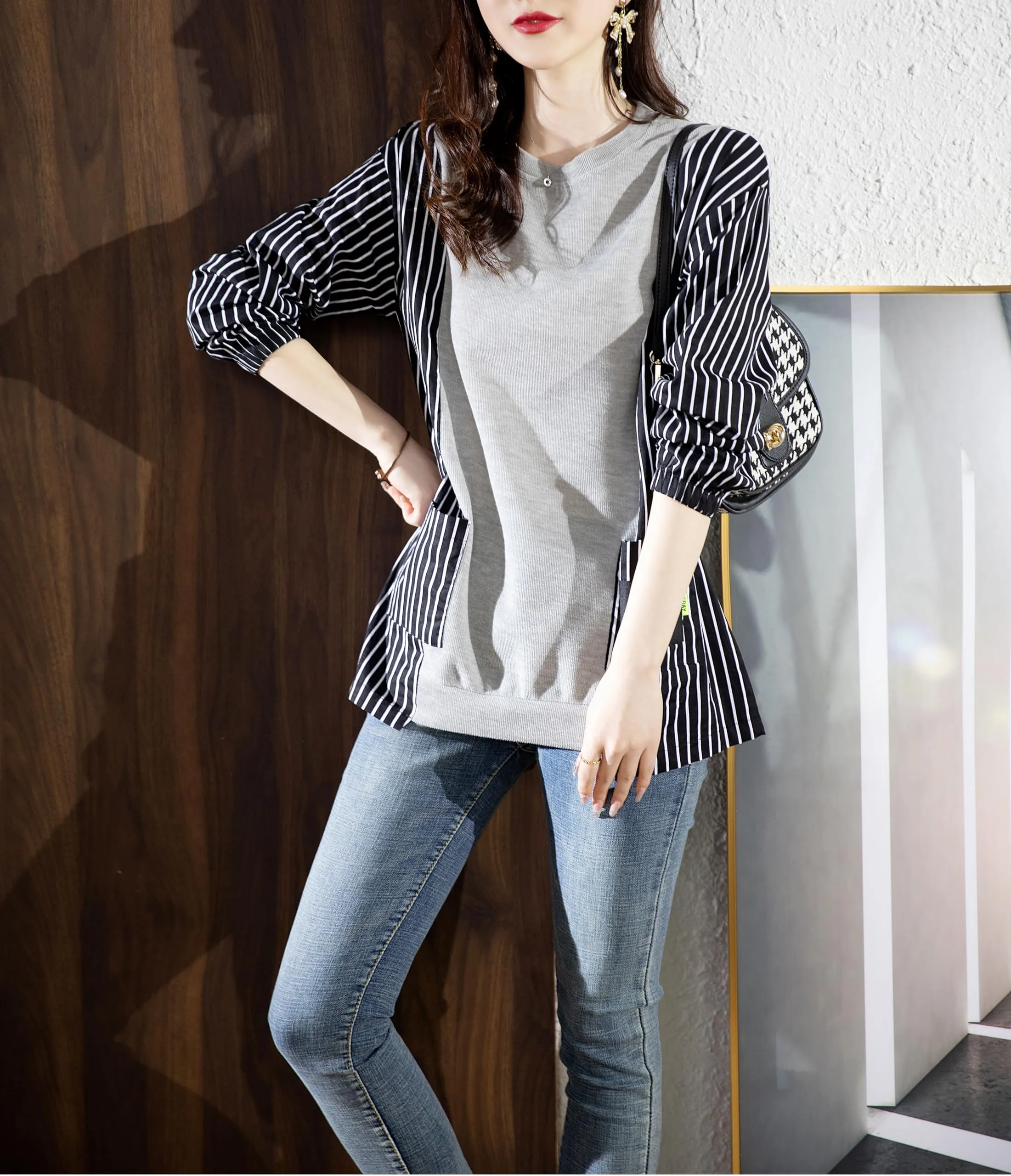 Pullover Patchwork Stripe Blouse Knit Tops