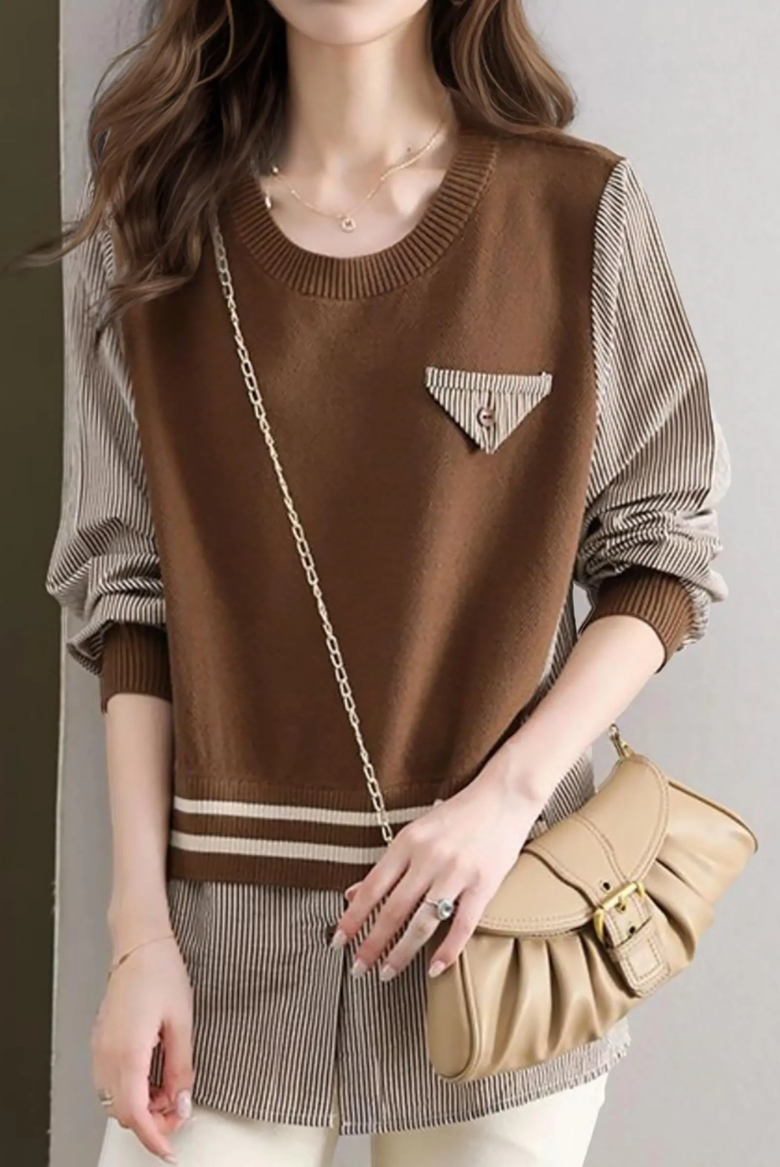 Pullover Patchwork Stripe Blouse Knit Tops