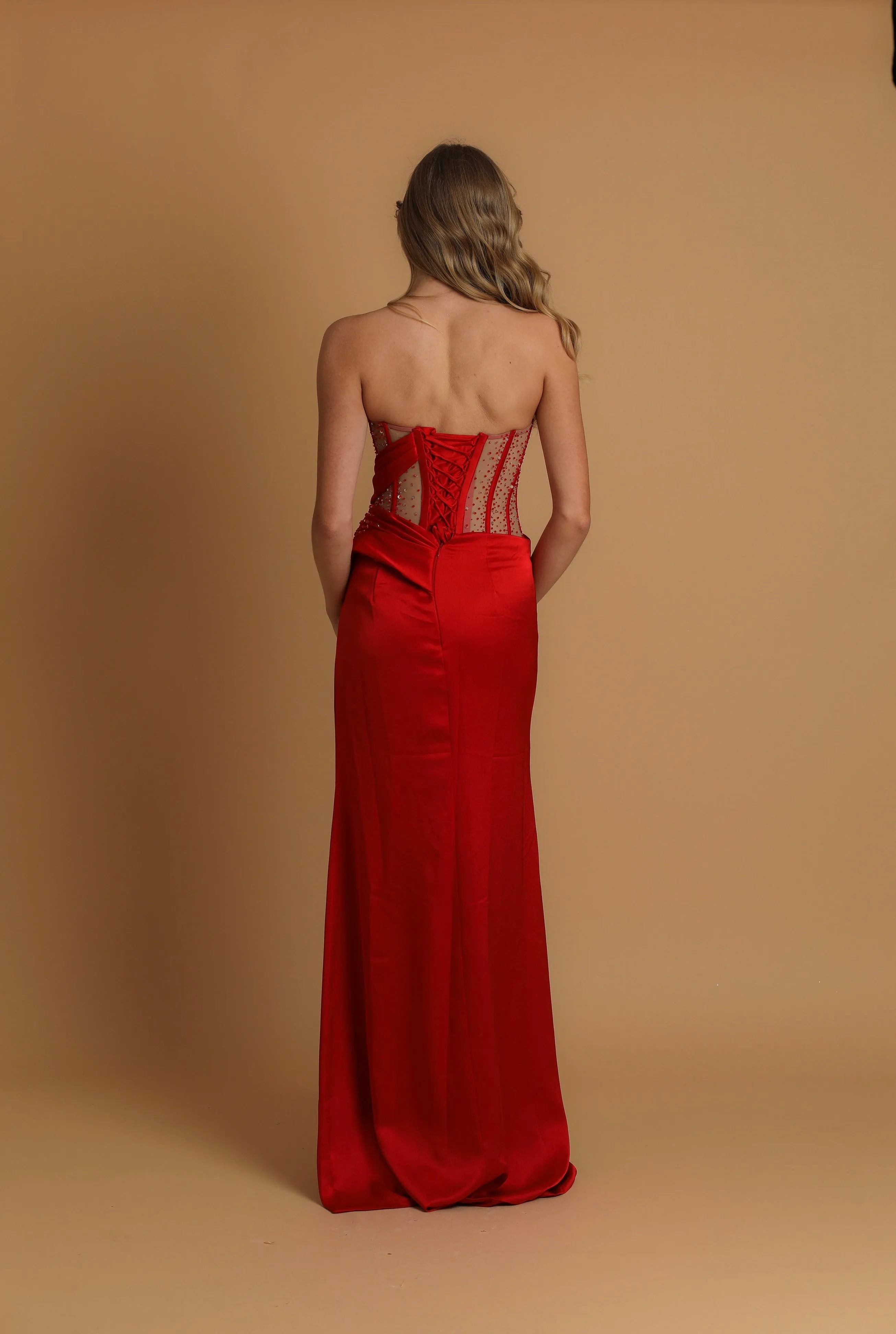Red corset dress with high slit