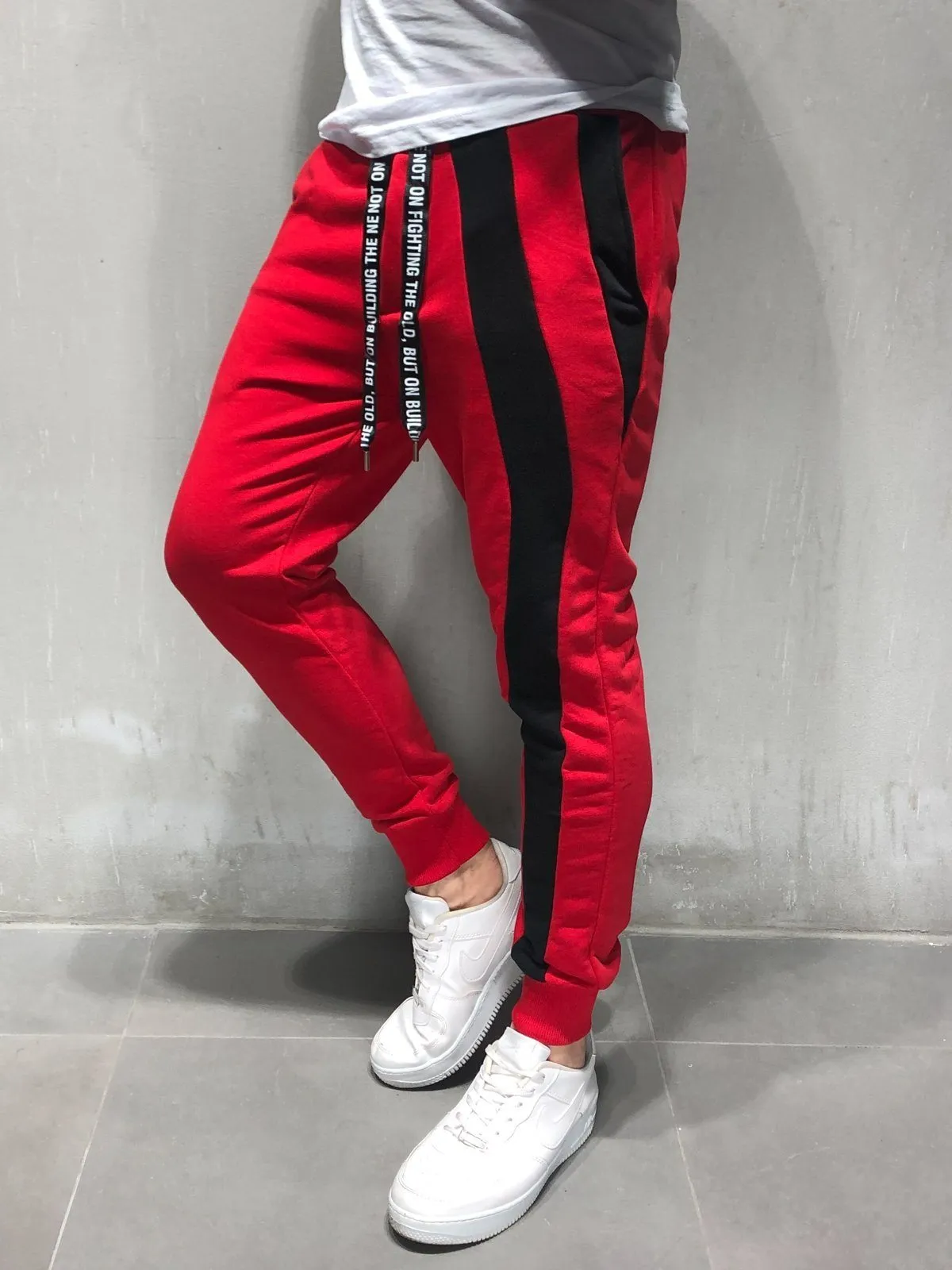 Red Sweatpants Black Stripe Details