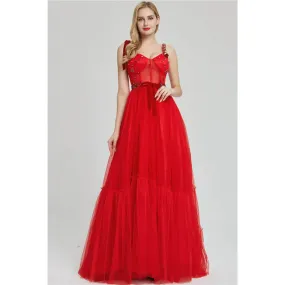 Red Tulle Beaded Straps A-line Long Prom Dress with Pockets