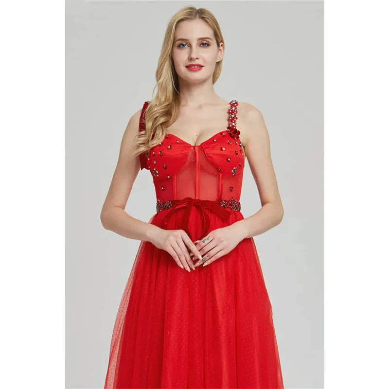 Red Tulle Beaded Straps A-line Long Prom Dress with Pockets