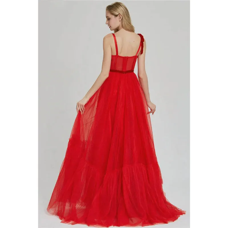 Red Tulle Beaded Straps A-line Long Prom Dress with Pockets