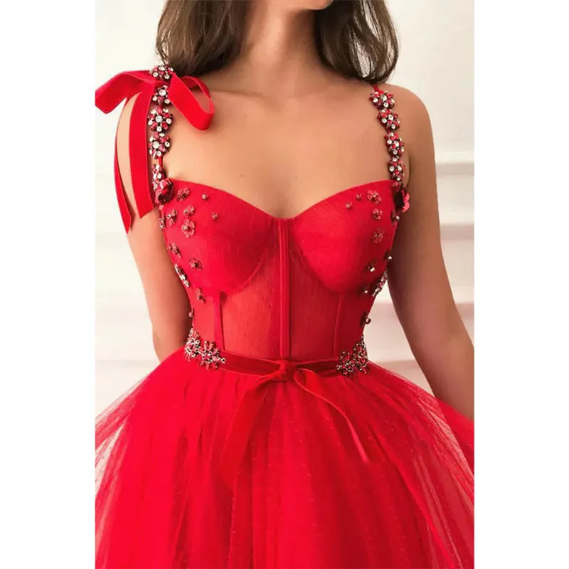 Red Tulle Beaded Straps A-line Long Prom Dress with Pockets