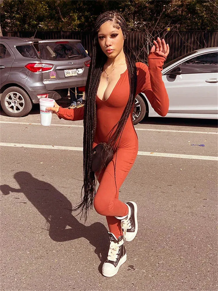 Ruched Deep V Long Sleeve Backless Bodycon Jumpsuit