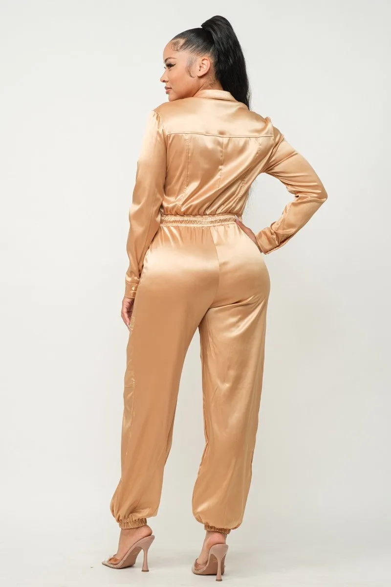 Satin Front Zipper Pockets Top And Pants Jumpsuit - 3 colors
