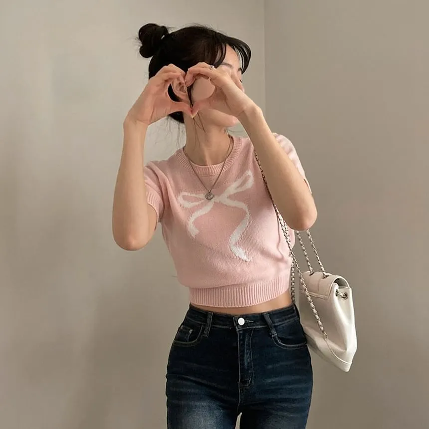 Short-Sleeve Crewneck Ribbon Jacquard Plain Knit Top