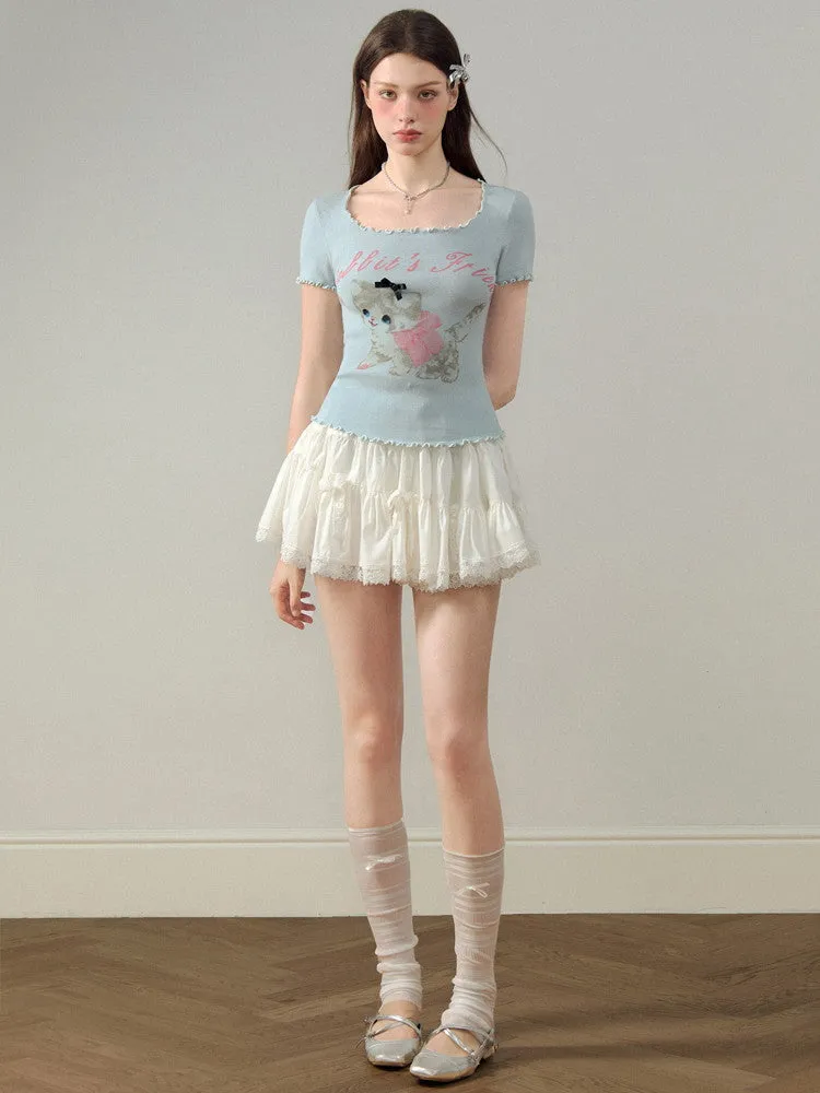Short Sweet Tiered Feminine Lace-Skirt