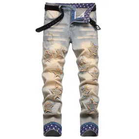 Star Patch Print Cotton Men's Punk Pants