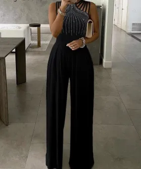 Studded Hollow Ruched Design Sleeveless Wide Leg Jumpsuit F2852