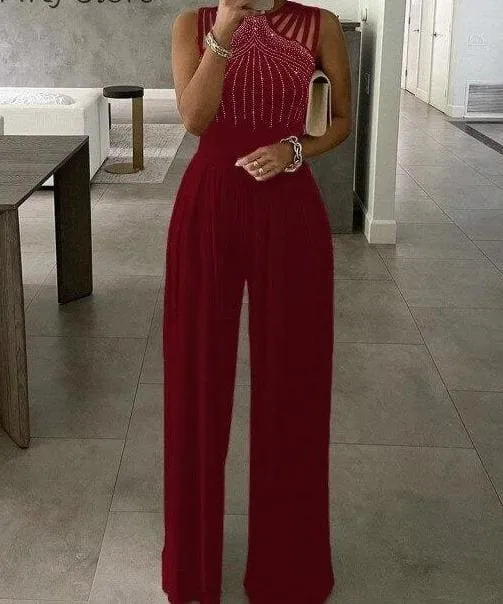 Studded Hollow Ruched Design Sleeveless Wide Leg Jumpsuit F2852
