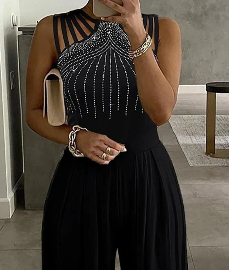 Studded Hollow Ruched Design Sleeveless Wide Leg Jumpsuit F2852