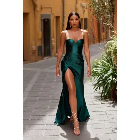 Sweetheart Spaghetti Straps Ruched Satin Sheath Long Prom Formal Gown