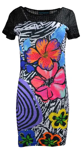 TATTOPANI-womens-short-sleeved-dress-with-muticolored-floral-pattern-print