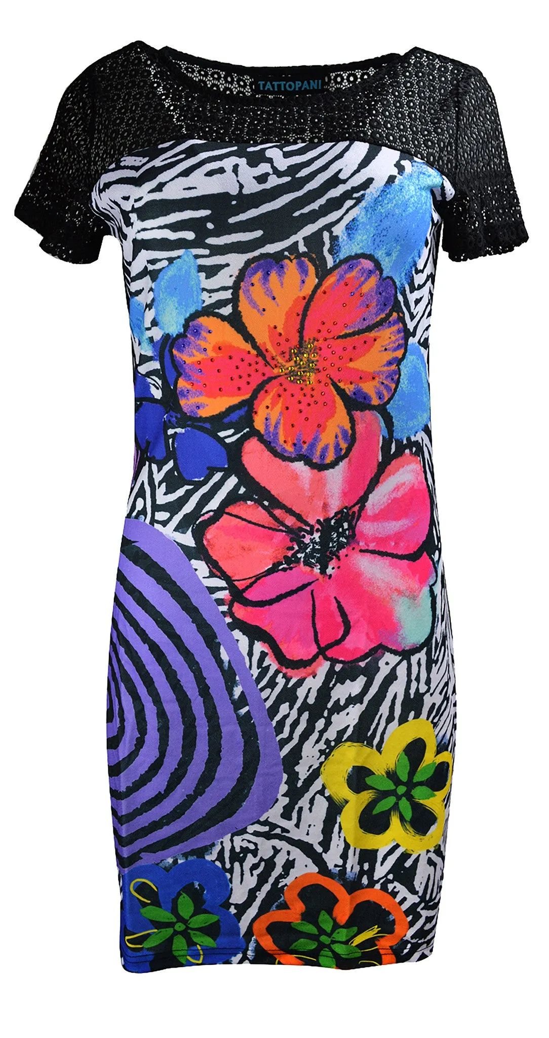 TATTOPANI-womens-short-sleeved-dress-with-muticolored-floral-pattern-print
