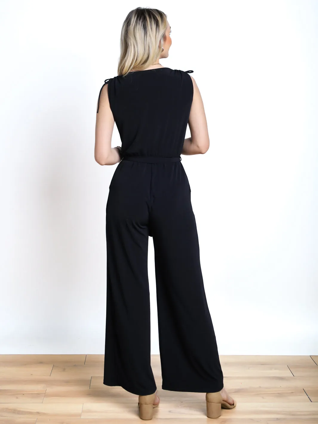 Temperature Rising Tie Shoulder Surplice Jumpsuit