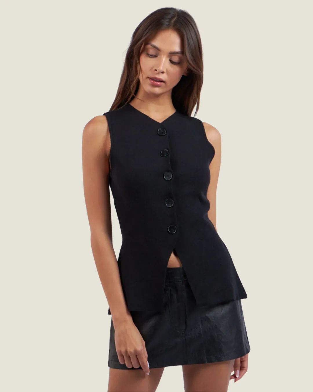 The Newport: Black Button Up Knit Vest Top