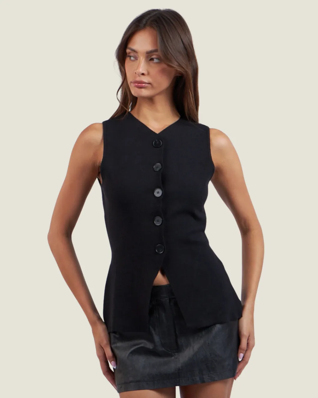 The Newport: Black Button Up Knit Vest Top